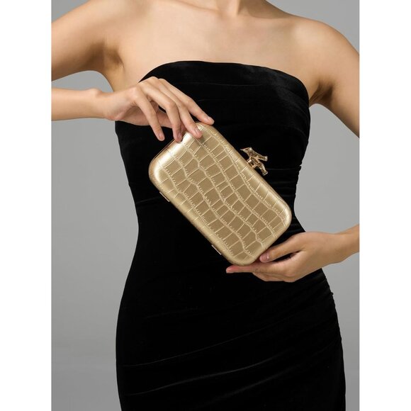 Women's Cream Crocodile Leather Formal Evening Shoulder Clutch Chain Strap Bag - Picture 3 of 6